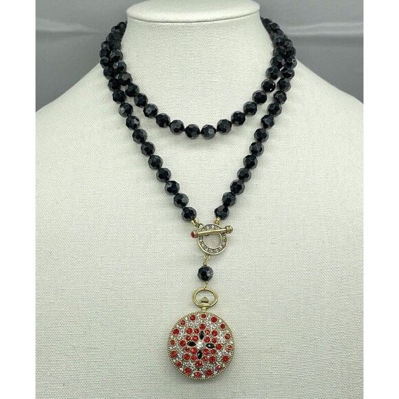 Heidi Daus Jewelry - Heidi Daus Watch Pendant Necklace Timing Is Everything Jet Black Red Crystal 36"